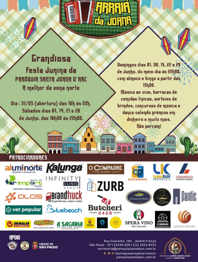 Festa junina com almoço no Jardim França