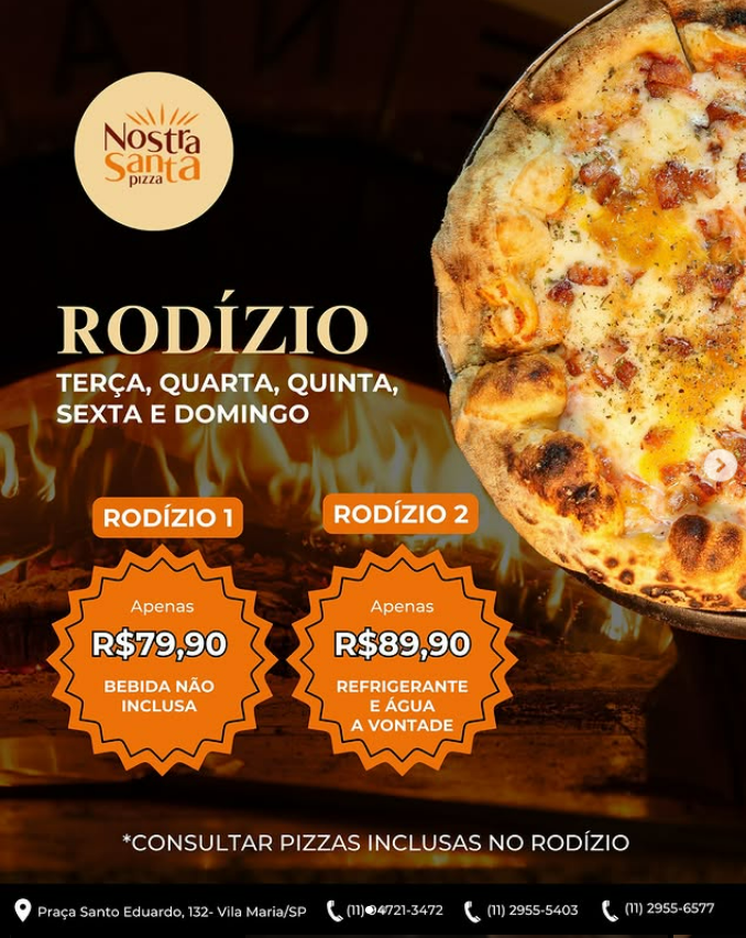 Rodízio de pizza na Nostra Santa Pizza, pizzaria na praça santo eduardo em são paulo
