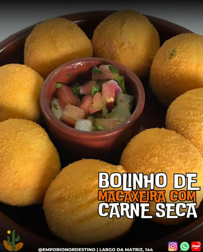 Bolinho de macaxeira com carne seca, prato do Empório Nordestino, restaurante na Zona Norte